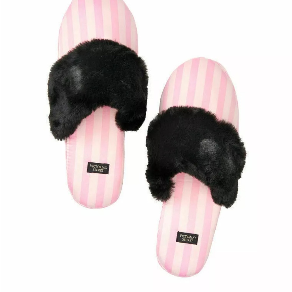 VICTORIA'S SECRET SLIPPERS PINK/WHITE STRIPES, SIZE M/M (US 7-8)